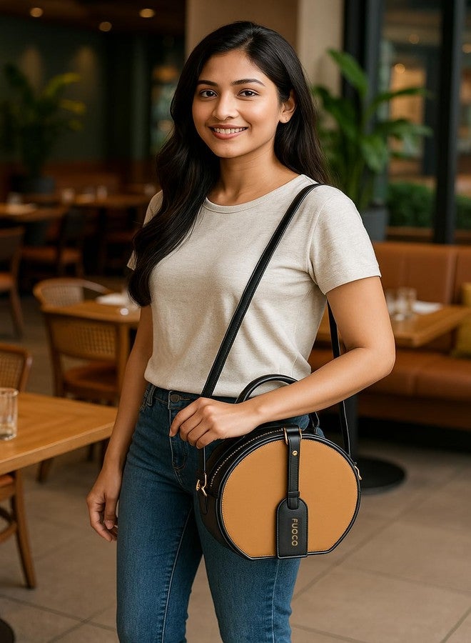 FUOCO Women’s Sling Bag | Stylish Crossbody Handbag for Women | Small Round Purse, Mini Shoulder Bag, Ladies Sling Bag for Women Latest, Casual Travel Bag, Moon Bag Trend (Black/Tan) - Image 3